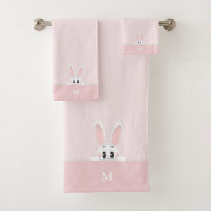 Süßes Kaninchen & Monogramm auf Hellrosa Badhandtuch Set