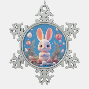 Süßes Kaninchen umgeben von Dekorationen Schneeflocken Zinn-Ornament