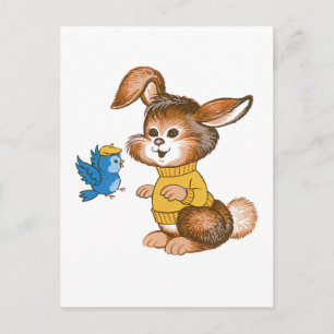 Süßes Kaninchen und Blaue Vogels Postkarte