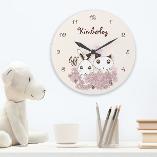 Süßes Kaninchen und Kätzchen Tier Freunde Kinder Große Wanduhr