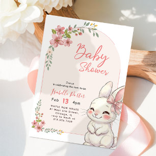 Süßes Kaninchen Wildblume Rosa Schleife Babyparty Einladung