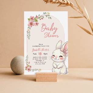 Süßes Kaninchen Wildblume Rosa Schleife Babyparty Einladung