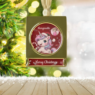 Süßes karmesinrotes Weihnachts-Einhorn-Mädchen-Fot Banner-Ornament Gold