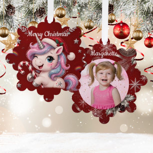 Süßes karmesinrotes Weihnachts-Einhorn-Mädchen-Fot Ornament Karte