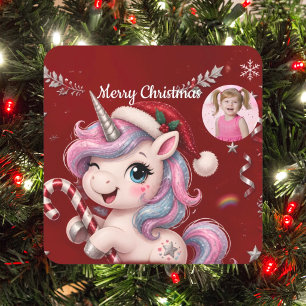 Süßes Karmesinrotes Weihnachts-Einhorn-Mädchen-Fot Quadratischer Aufkleber