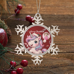 Süßes karmesinrotes Weihnachts-Einhorn-Mädchen-Fot Schneeflocken Zinn-Ornament