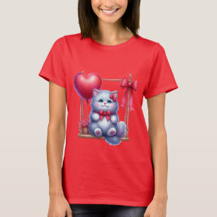 Süßes Kätzchen auf einer Schaukel mit Herzballon-K T-Shirt