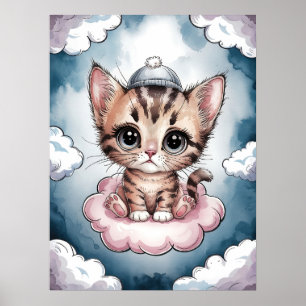 Süßes Kätzchen auf einer Wolke - Reizendes Aquarel Poster