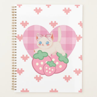 Süßes Kätzchen & Erdbeere Rosa Herz Spiralblock Planer