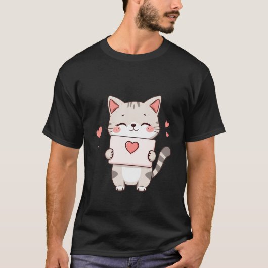 Süßes Kätzchen hält Herz Liebesbrief Kunst T-Shirt (Vorderseite)