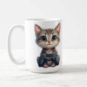 Süßes Kätzchen hält Spielcontroller Gamer-Katze Kaffeetasse