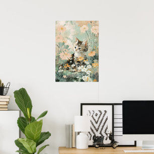 Süßes Kätzchen in Blumen Cottagecore-Ästhetik Poster