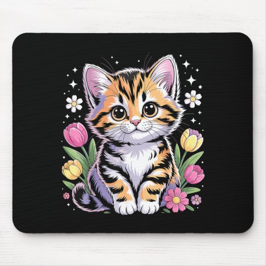 Süßes Kätzchen Katze Floral Kawaii Mousepad (Vorne)