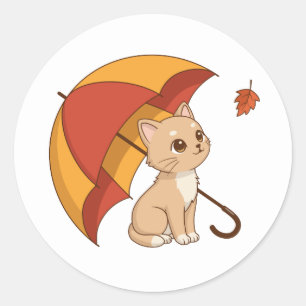 Süßes Kätzchen Katze Rot Gelb Regenschirm Fall Runder Aufkleber