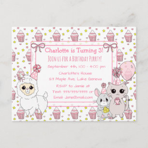 Süßes Kätzchen, Lama und Mäuse-Mädchen-Geburtstag Postkarte