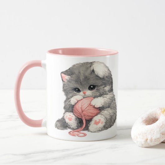 Süßes Kätzchen mit rosa Garn Becher Tasse (Mit Donut)