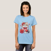 Süßes Kätzchen mit roter Rose und Herz Liebe Kunst T-Shirt (Vorne ganz)