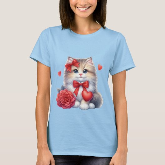 Süßes Kätzchen mit roter Rose und Herz Liebe Kunst T-Shirt (Vorderseite)