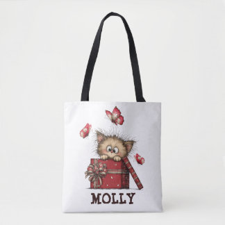 Süßes Kätzchen mit Schmetterlingen Personalisiert Tasche