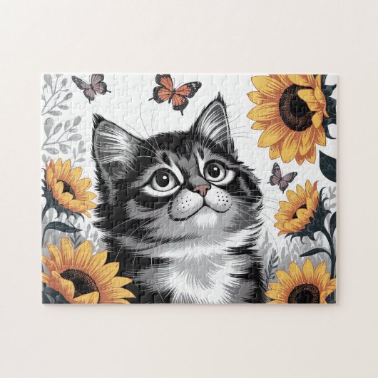 Süßes Kätzchen mit Sonnenblumen Puzzle (Horizontal)