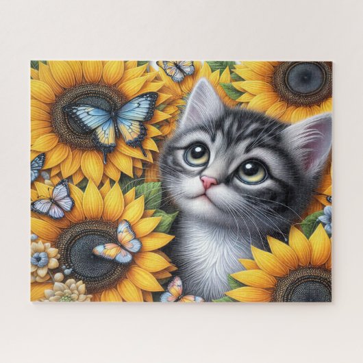 Süßes Kätzchen mit Sonnenblumen Puzzle (Horizontal)
