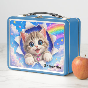 Süßes Kätzchen Regenbogenkatze beim Durchbrechen Metall Brotdose