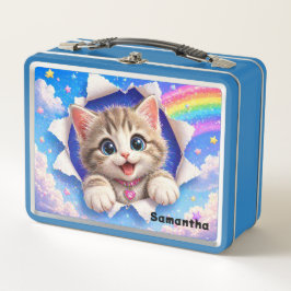 Süßes Kätzchen Regenbogenkatze beim Durchbrechen Metall Brotdose
