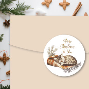 Süßes Kätzchen schläft auf warmer Decke Weihnachte Runder Aufkleber