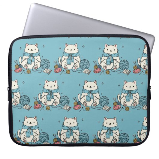 Süßes Kätzchen strickt blaues Muster Tech Accessoi Laptopschutzhülle (Vorderseite)