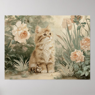 Süßes Kätzchen-Wandkunst Cottagecore-Blumen-Katze Poster