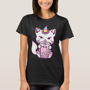 Süßes Katze Einhorn Trinkt Bubble Tea Design T-Shirt