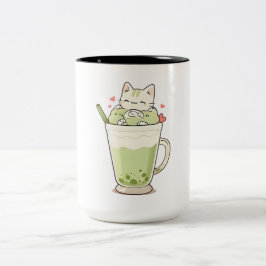 Süßes Katze Matcha Boba Getränk Kawaii Design Zweifarbige Tasse