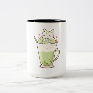 Süßes Katze Matcha Boba Getränk Kawaii Design Zweifarbige Tasse