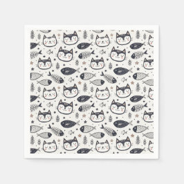 Süßes Katzen-Gesicht & Fischgräten-Muster - Kinder Serviette