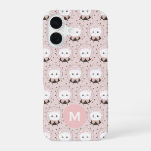 Süßes Katzen-Gesicht Rosa Punktmuster Monogramm iPhone 16 Hülle