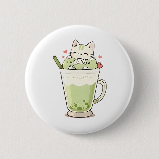 Süßes Katzen-Matcha-Boba-Getränk Kawaii-Design Button (Vorderseite)