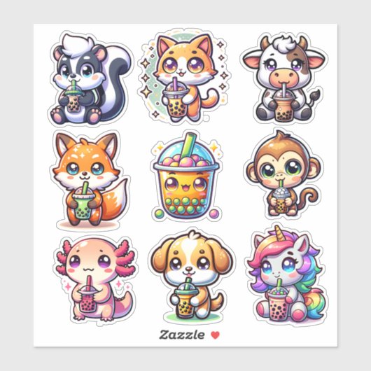 Süßes Kawaii Bobo Bubble Tea und Tiere Aufkleber (Blatt)