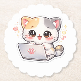 Süßes Kawaii Chibi-Katze mit Laptop-Schreibtisch-U Untersetzer