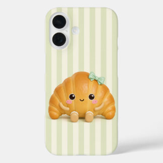 Süßes Kawaii-Croissant auf Smaragdgrün gestreiftem iPhone 16 Hülle