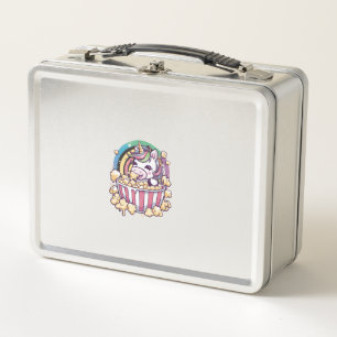 Süßes kawaii Einhorn mit Popcorn Langarm T-Shirt Metall Brotdose