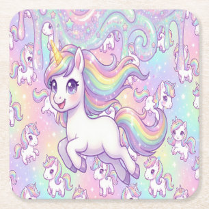 Süßes Kawaii-Einhorn-Pastell-Regenbogen-Magisches Rechteckiger Pappuntersetzer