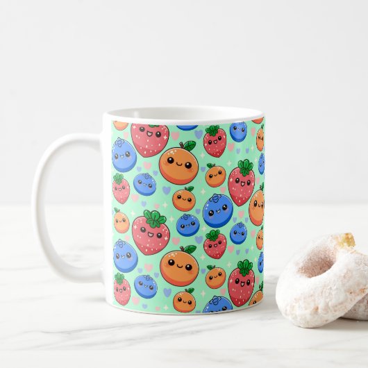Süßes Kawaii Grün Orange Blau Frucht Kaffeetasse (Mit Donut)