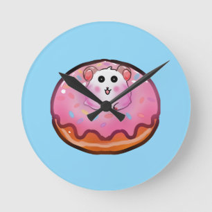 Süßes Kawaii-Hamster-in-Rosa-Glasur-Donut-Kunstwer Runde Wanduhr