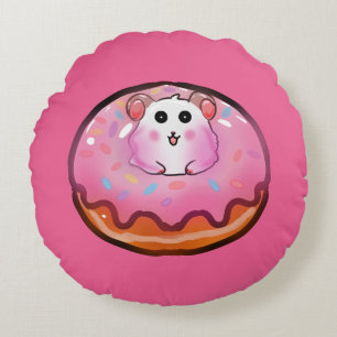 Süßes Kawaii-Hamster-in-Rosa-Glasur-Donut-Kunstwer Rundes Kissen