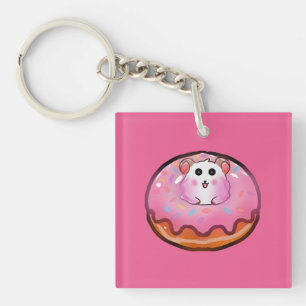 Süßes Kawaii-Hamster-in-Rosa-Glasur-Donut-Kunstwer Schlüsselanhänger