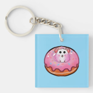 Süßes Kawaii-Hamster-in-Rosa-Glasur-Donut-Kunstwer Schlüsselanhänger