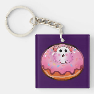 Süßes Kawaii-Hamster-in-Rosa-Glasur-Donut-Kunstwer Schlüsselanhänger