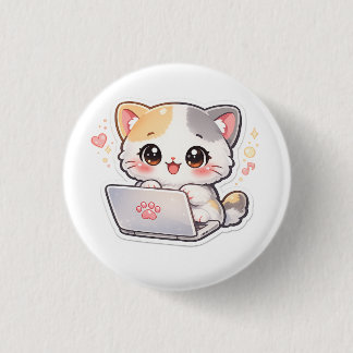 Süßes Kawaii-Kätzchen arbeitet an Laptop Pin Button