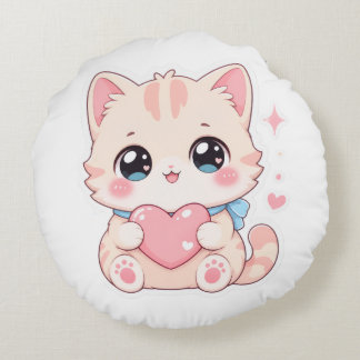 Süßes Kawaii-Kätzchen-Rosa-Herz-Grafik-Kissen Rundes Kissen