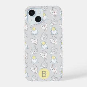 Süßes Kawaii-Katzenmuster Grau Gelbes Monogramm iPhone 15 Hülle